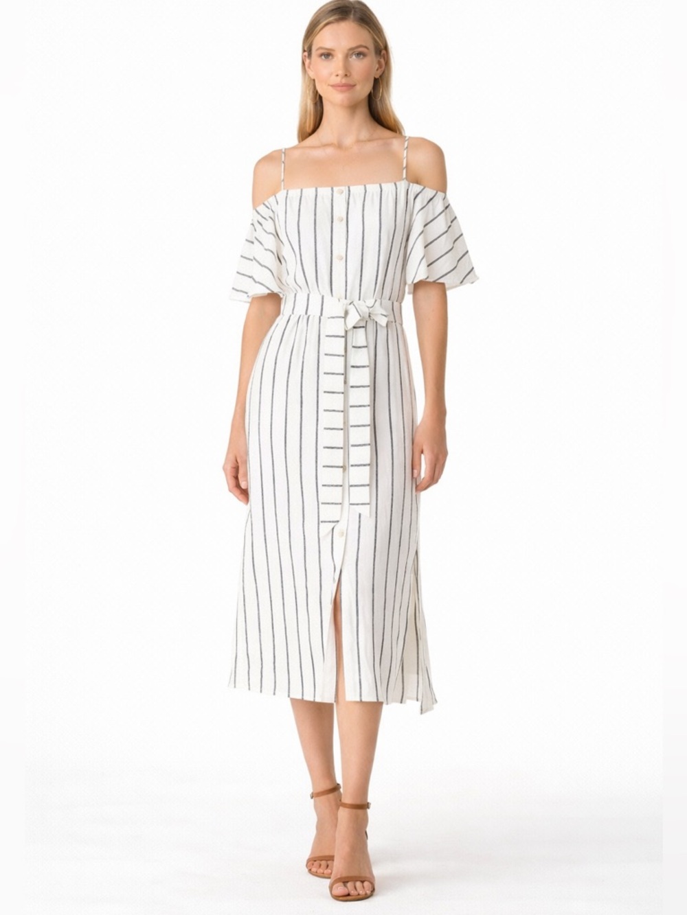 Palmer Harding White Stripe Linen Midi Dress Small